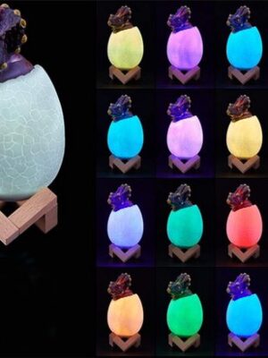 Dinosaurus nachtlampje - Kinderlamp LED - Triceratops ei lamp - Nachtlamp kinderen dinosaurus - RGB kinderlampje - LED nachtlamp dinosaurus - Nachtlamp met houten voet - Dinosaurus cadeau - Afbeelding 4