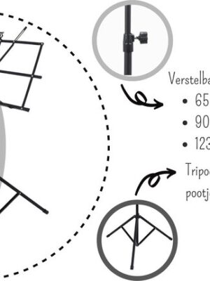 LUXE Muziekstandaard Met Tas - Opvouwbaar - Inklapbare Bladmuziek Lessenaar Houder Statief - Muziek Staander Hoog - Zwart - Afbeelding 4