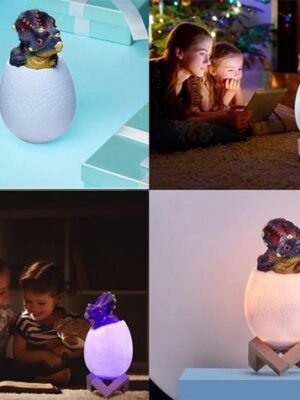 Dinosaurus nachtlampje - Kinderlamp LED - Triceratops ei lamp - Nachtlamp kinderen dinosaurus - RGB kinderlampje - LED nachtlamp dinosaurus - Nachtlamp met houten voet - Dinosaurus cadeau - Afbeelding 5