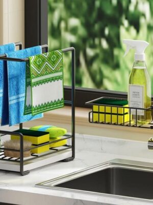 Gootsteen Organizer - Vaatdoekhouder Organizer - Aanrecht en Keuken Organiser - Theedoekhouder - Afwasborstel en Sponshouder voor Gootsteen - Zwart - Afbeelding 8
