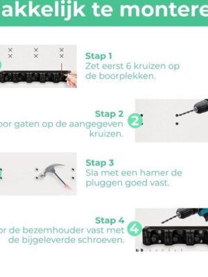 IBBO® - Bezemhouder Premium - Bezem Ophangsysteem - Gereedschapshouder - Bezemhouder-bezem-ophangsysteem - Ophanghaken - Ophanghaken Tuingereedschap - Zwart - Afbeelding 5