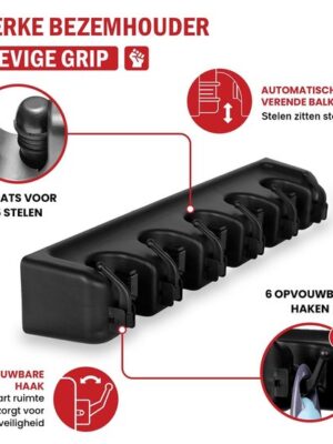 Luxe Bezem Ophangsysteem - Bezemhouder - Tool hanger - Opbergsysteem - Ophanghaken - 5 Klemmen + 6 Haken - Tuingereedschap opbergen - Gereedschap opbergen - Zwart - Afbeelding 3
