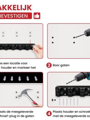 Luxe Bezem Ophangsysteem - Bezemhouder - Tool hanger - Opbergsysteem - Ophanghaken - 5 Klemmen + 6 Haken - Tuingereedschap opbergen - Gereedschap opbergen - Zwart - Afbeelding 4