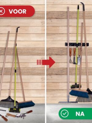 Luxe Bezem Ophangsysteem - Bezemhouder - Tool hanger - Opbergsysteem - Ophanghaken - 5 Klemmen + 6 Haken - Tuingereedschap opbergen - Gereedschap opbergen - Zwart - Afbeelding 5