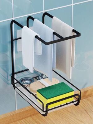 Gootsteen Organizer - Vaatdoekhouder Organizer - Aanrecht en Keuken Organiser - Theedoekhouder - Afwasborstel en Sponshouder voor Gootsteen - Zwart - Afbeelding 3
