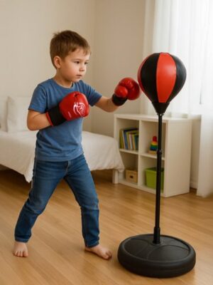 Boksbal op Standaard voor Kinderen - Incl. Bokshandschoenen en Opblaaspompje - Verstelbaar in Hoogte - 70 tot 104 cm - Boksbal op Voet - Bokstrainer – Bokspaal - Boksset Kinderen - Boksbal Staand - Boxing - Thuis sporten - Zwart/Rood - Afbeelding 4