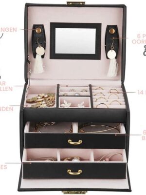 Luxe Sieradendoos 20 Compartimenten - Chique Sieradenbox voor Juwelen - Sieraden - Oorbellen - Ketting - Juwelendoos - Organizer - Sieraden doosje Meisje - Zwart - Afbeelding 6