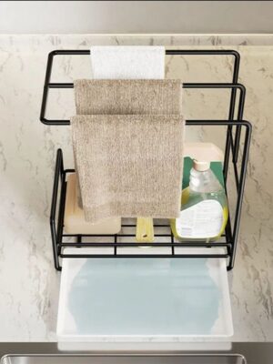 Gootsteen Organizer - Vaatdoekhouder Organizer - Aanrecht en Keuken Organiser - Theedoekhouder - Afwasborstel en Sponshouder voor Gootsteen - Zwart - Afbeelding 7