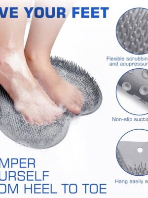 Voetborstel - Voetborstel douche - Antislip siliconen massagemat - Voetreiniging Massagemat - met antislip zuignappen - Rug- en voetenscrubber - Badmassagemat - Ophangbaar - Grijs - Afbeelding 3