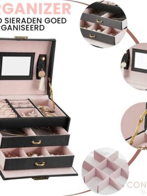 Luxe Sieradendoos 20 Compartimenten - Chique Sieradenbox voor Juwelen - Sieraden - Oorbellen - Ketting - Juwelendoos - Organizer - Sieraden doosje Meisje - Zwart - Afbeelding 7