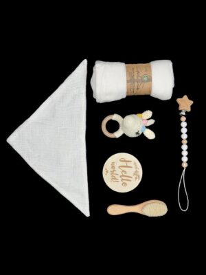 Kraam cadeau baby box - Baby Geboorte Set - Baby Speelgoed - New Born Set - Geschenk Set - Kraamcadeau - Babyshower - Gender Reveal Party - Bijtring - Handgemaakt - Natuurlijke Materialen - Speenkoord - Wit - Afbeelding 3